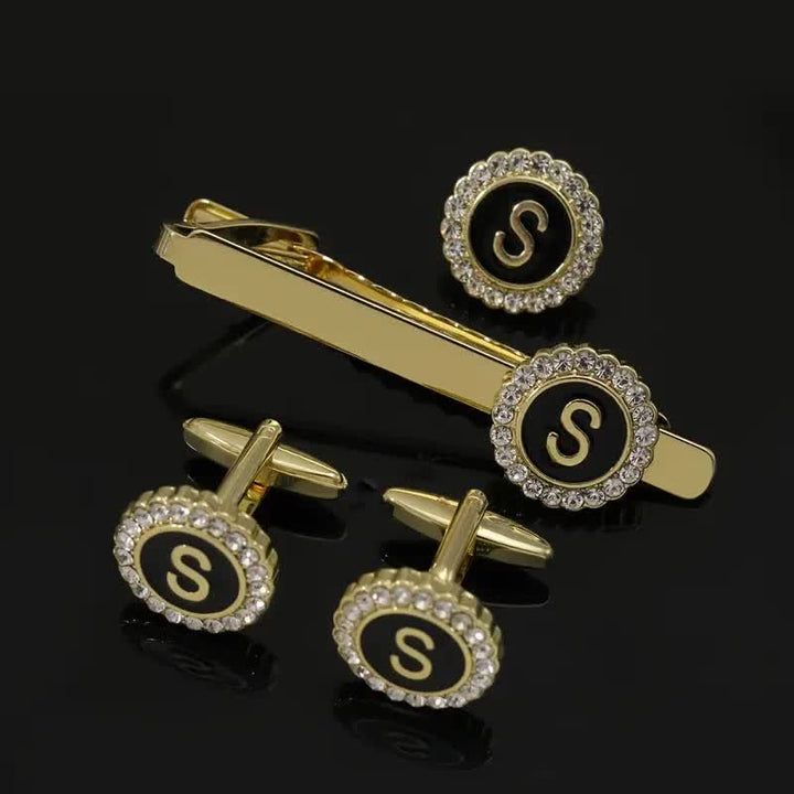Juego de 3 gemelos y broche para corbata con 26 letras mayúsculas en oro para hombre
