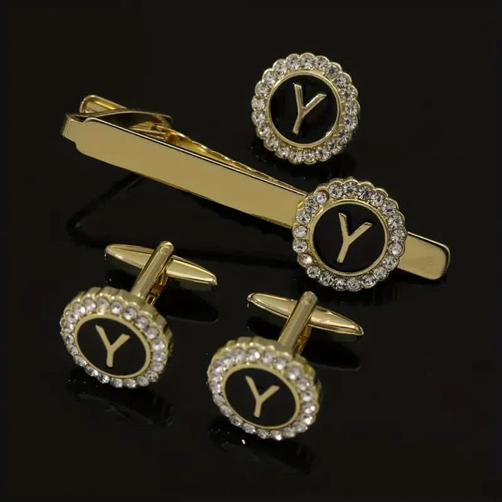 Juego de 3 gemelos y broche para corbata con 26 letras mayúsculas en oro para hombre