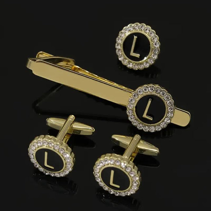 Juego de 3 gemelos y broche para corbata con 26 letras mayúsculas en oro para hombre