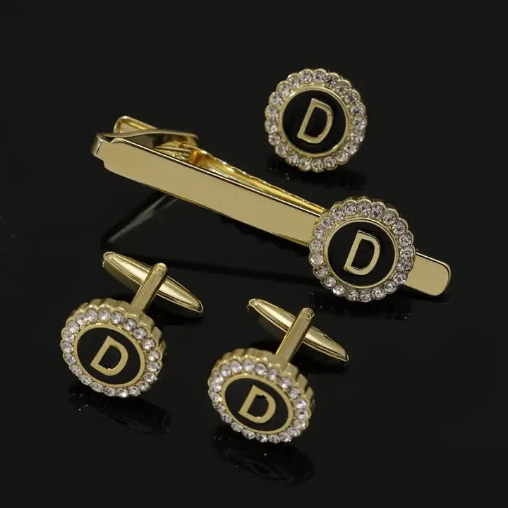Juego de 3 gemelos y broche para corbata con 26 letras mayúsculas en oro para hombre