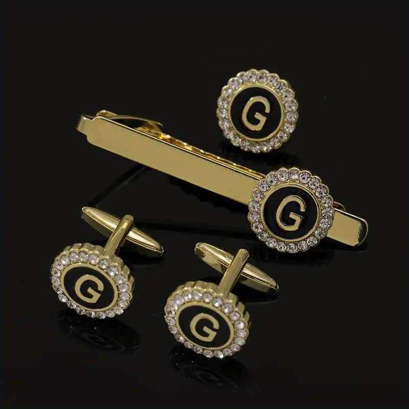Juego de 3 gemelos y broche para corbata con 26 letras mayúsculas en oro para hombre