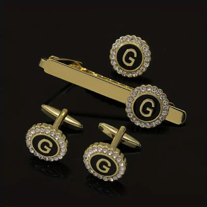 Juego de 3 gemelos y broche para corbata con 26 letras mayúsculas en oro para hombre
