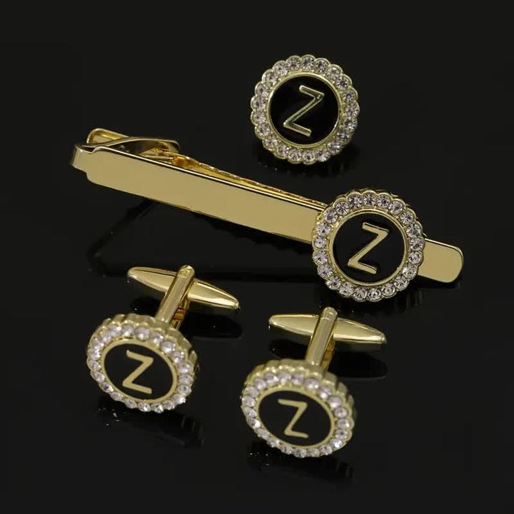 Juego de 3 gemelos y broche para corbata con 26 letras mayúsculas en oro para hombre