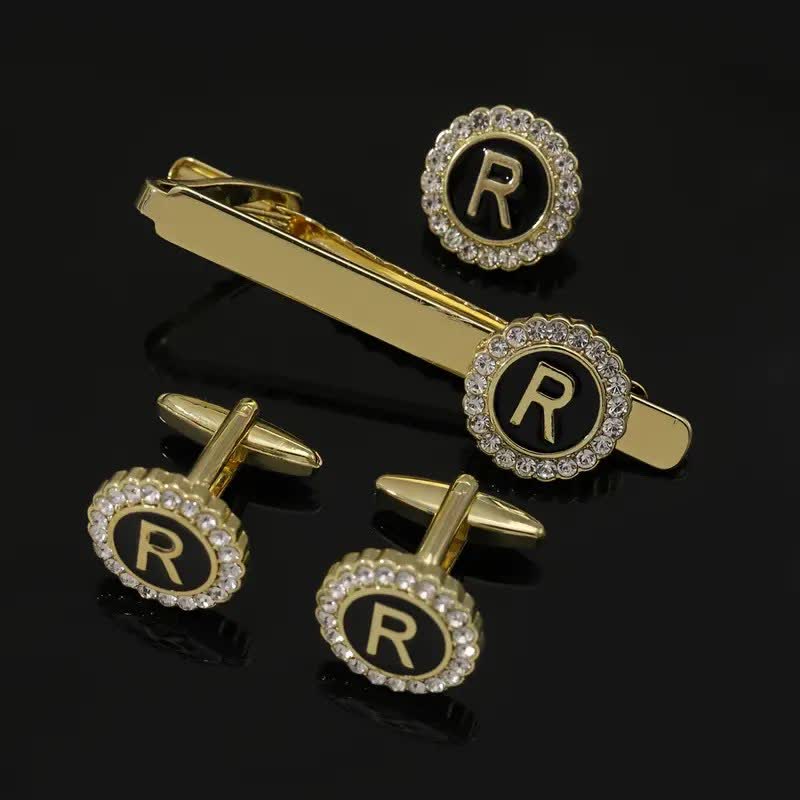 Juego de 3 gemelos y broche para corbata con 26 letras mayúsculas en oro para hombre