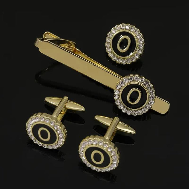 Juego de 3 gemelos y broche para corbata con 26 letras mayúsculas en oro para hombre