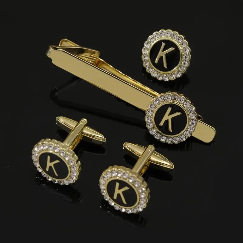 Juego de 3 gemelos y broche para corbata con 26 letras mayúsculas en oro para hombre
