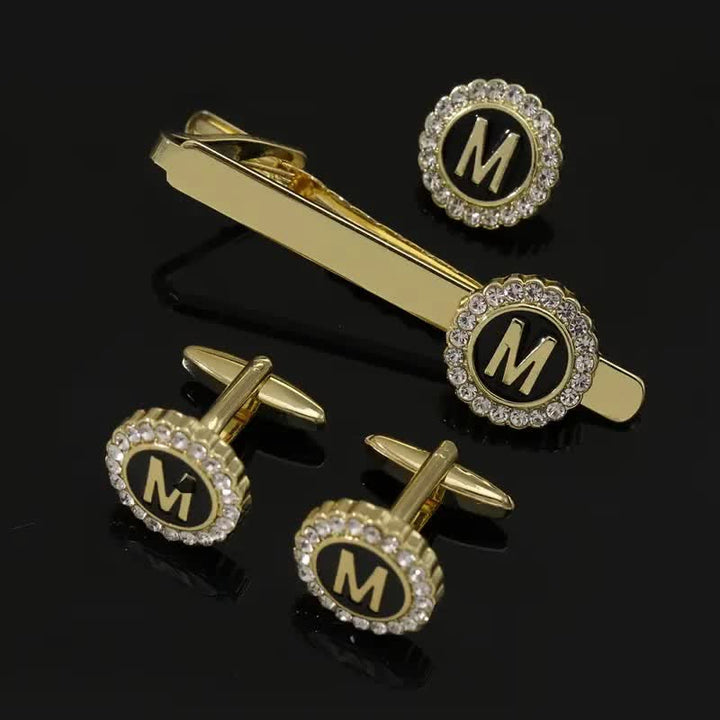 Juego de 3 gemelos y broche para corbata con 26 letras mayúsculas en oro para hombre