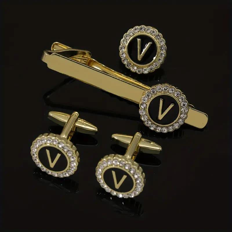 Juego de 3 gemelos y broche para corbata con 26 letras mayúsculas en oro para hombre