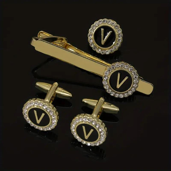 Juego de 3 gemelos y broche para corbata con 26 letras mayúsculas en oro para hombre