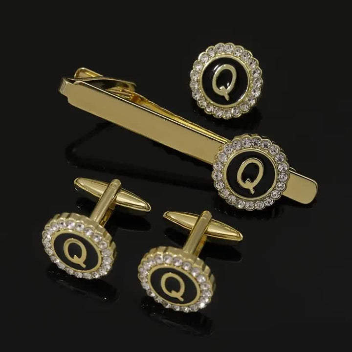 Juego de 3 gemelos y broche para corbata con 26 letras mayúsculas en oro para hombre