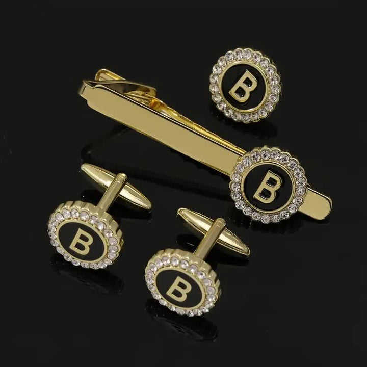 Juego de 3 gemelos y broche para corbata con 26 letras mayúsculas en oro para hombre