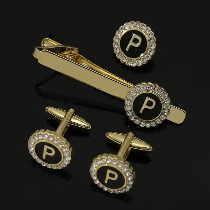Juego de 3 gemelos y broche para corbata con 26 letras mayúsculas en oro para hombre