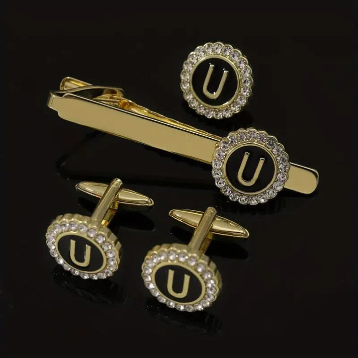 Juego de 3 gemelos y broche para corbata con 26 letras mayúsculas en oro para hombre