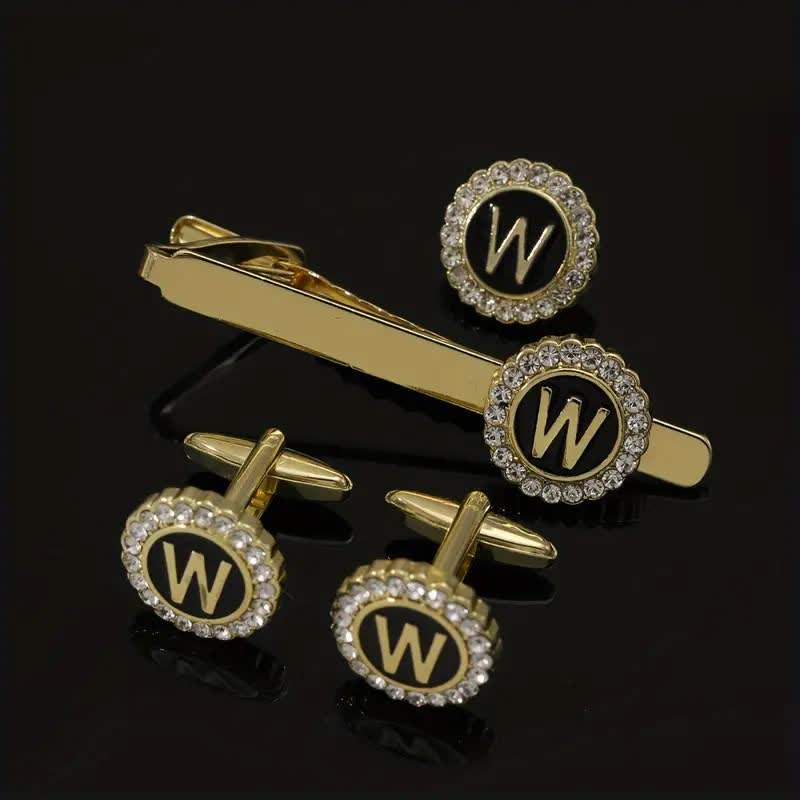 Juego de 3 gemelos y broche para corbata con 26 letras mayúsculas en oro para hombre