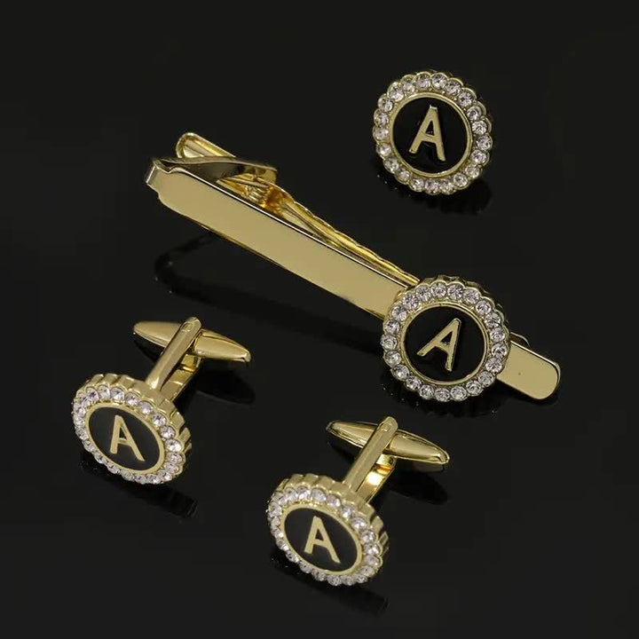Juego de 3 gemelos y broche para corbata con 26 letras mayúsculas en oro para hombre