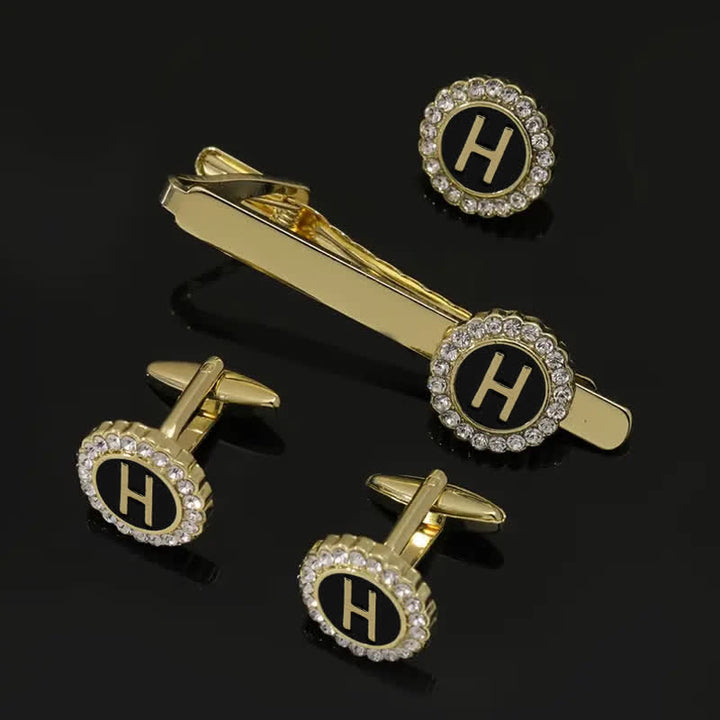 Juego de 3 gemelos y broche para corbata con 26 letras mayúsculas en oro para hombre
