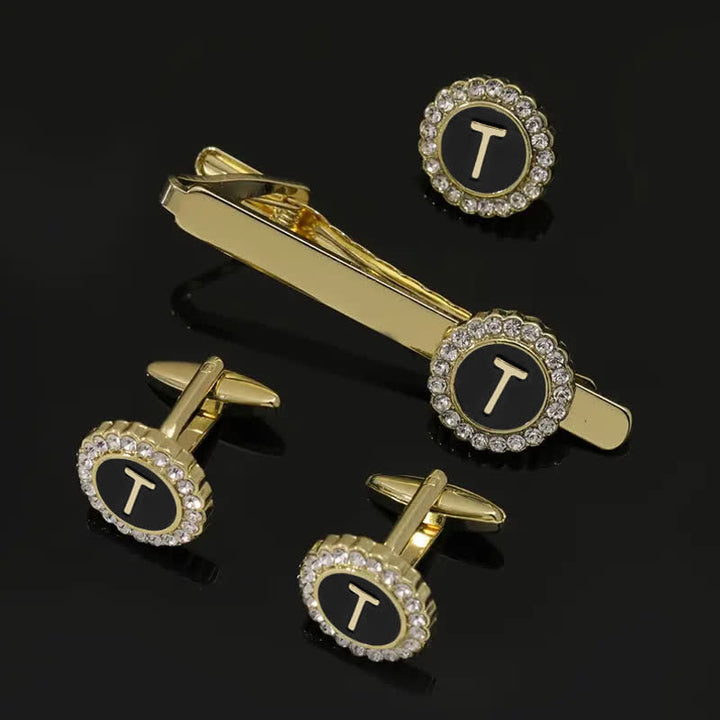 Juego de 3 gemelos y broche para corbata con 26 letras mayúsculas en oro para hombre