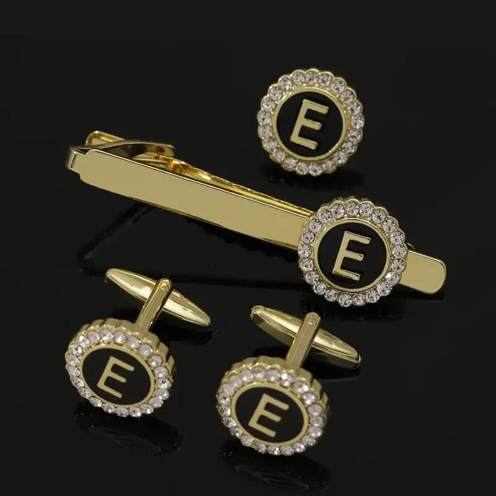 Juego de 3 gemelos y broche para corbata con 26 letras mayúsculas en oro para hombre