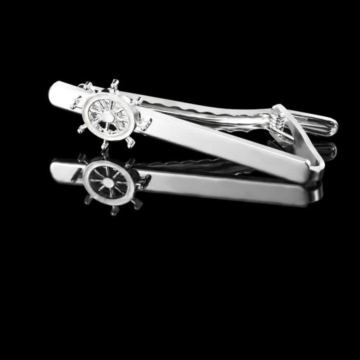Juego de 2 gemelos con clip para corbata con ancla de barco de marinero plateado para hombre