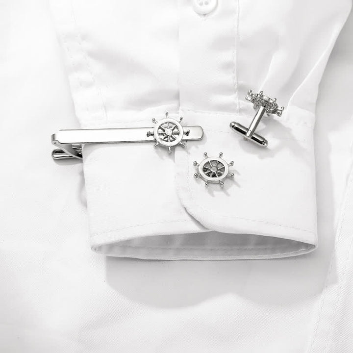 Juego de 2 gemelos con clip para corbata con ancla de barco de marinero plateado para hombre