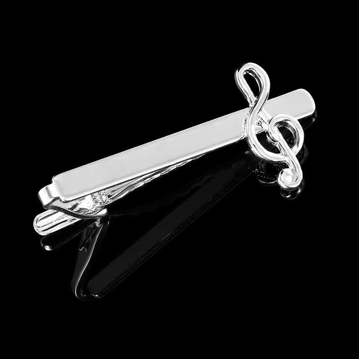 Juego de 2 gemelos con clip para corbata con nota musical de plata para hombre