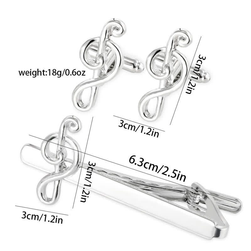 Juego de 2 gemelos con clip para corbata con nota musical de plata para hombre