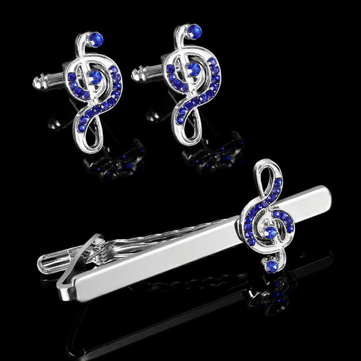 Juego de 2 gemelos con clip para corbata con nota musical de plata para hombre