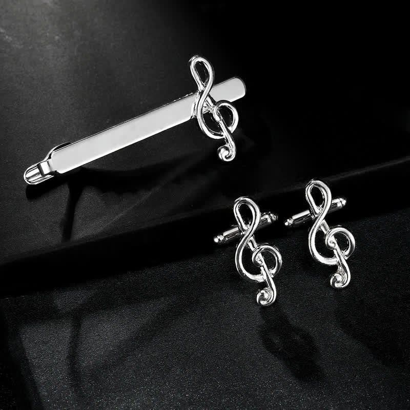 Juego de 2 gemelos con clip para corbata con nota musical de plata para hombre