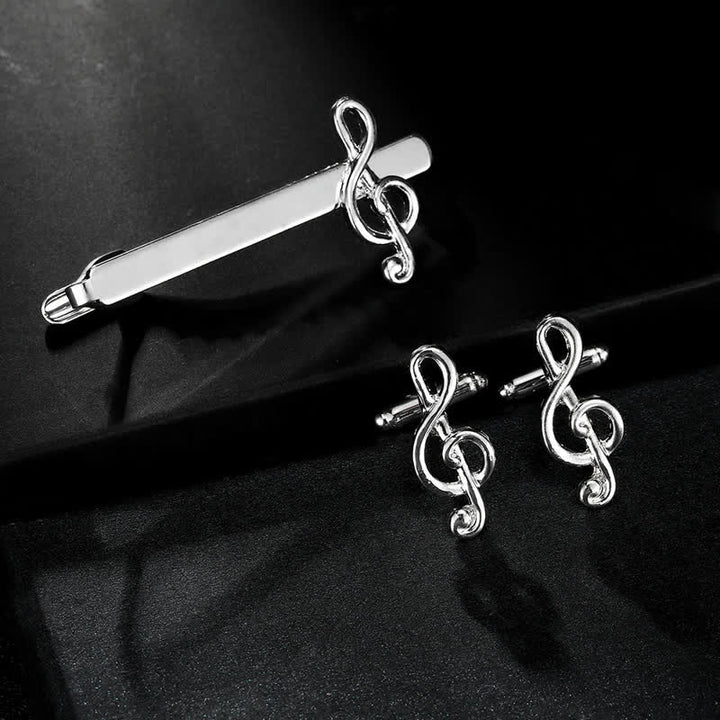 Juego de 2 gemelos con clip para corbata con nota musical de plata para hombre