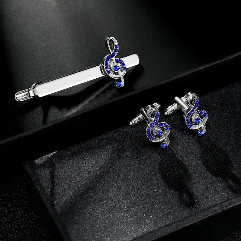 Juego de 2 gemelos con clip para corbata con nota musical de plata para hombre