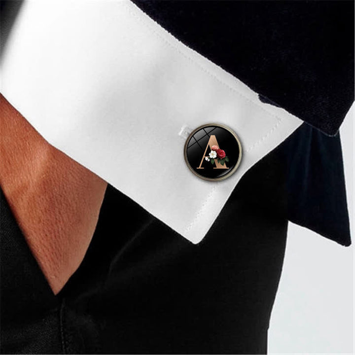 Juego de 3 gemelos y broche para corbata con 26 letras mayúsculas y diseño de flores para hombre
