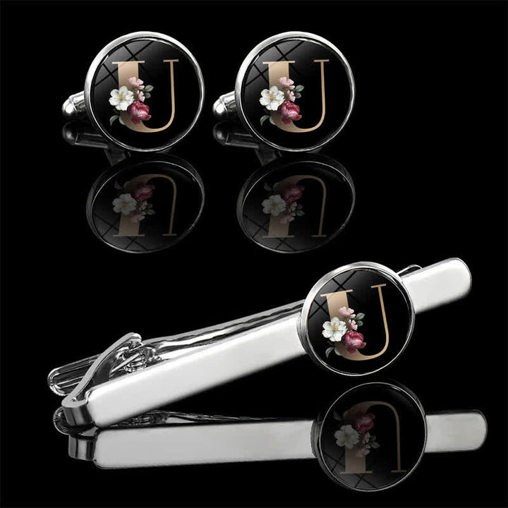 Juego de 3 gemelos y broche para corbata con 26 letras mayúsculas y diseño de flores para hombre - U - image 23
