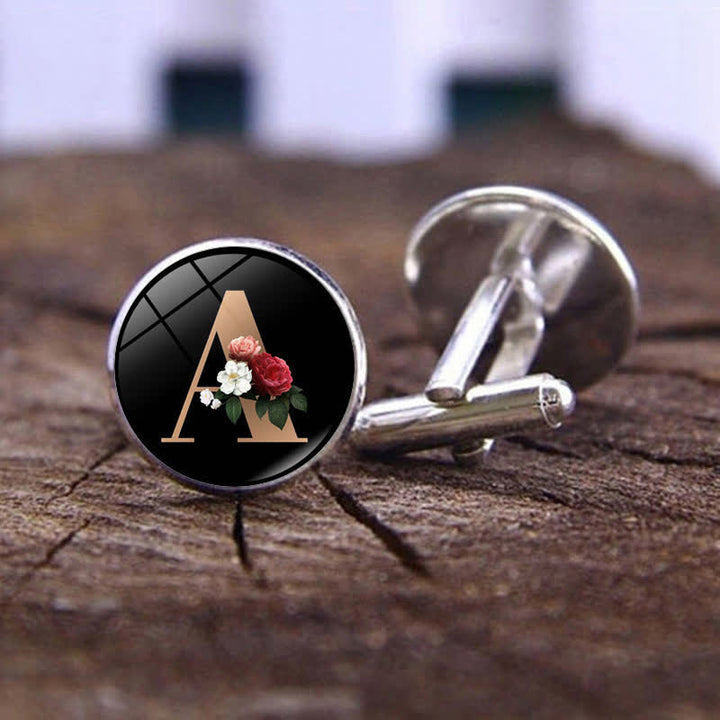 Juego de 3 gemelos y broche para corbata con 26 letras mayúsculas y diseño de flores para hombre - image 1