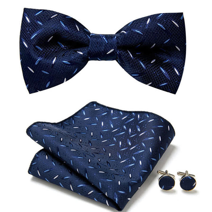 Juego de 3 gemelos y pajarita de bolsillo con rayas pequeñas de color azul marino para hombre
