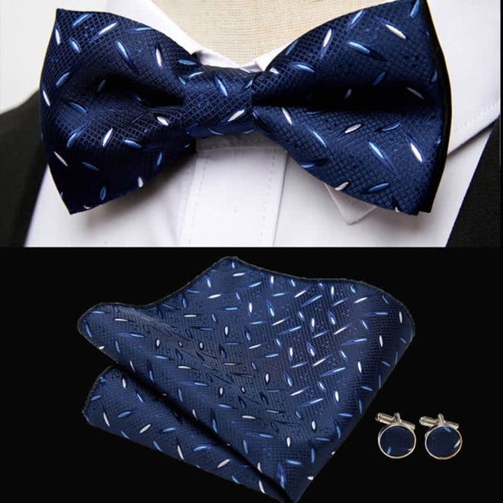 Juego de 3 gemelos y pajarita de bolsillo con rayas pequeñas de color azul marino para hombre