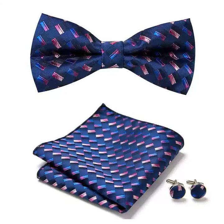 Juego de 3 gemelos y pajarita de bolsillo con diseño de tejido azul marino para hombre