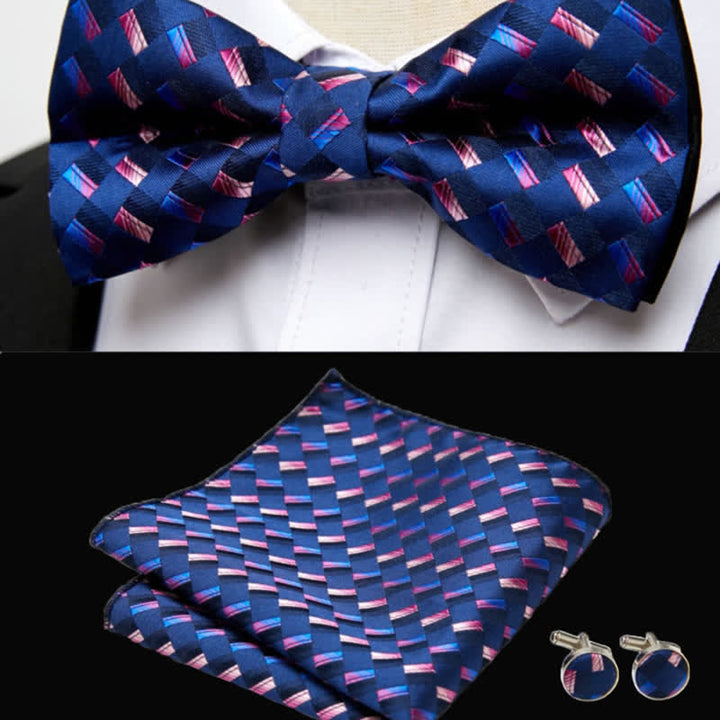 Juego de 3 gemelos y pajarita de bolsillo con diseño de tejido azul marino para hombre
