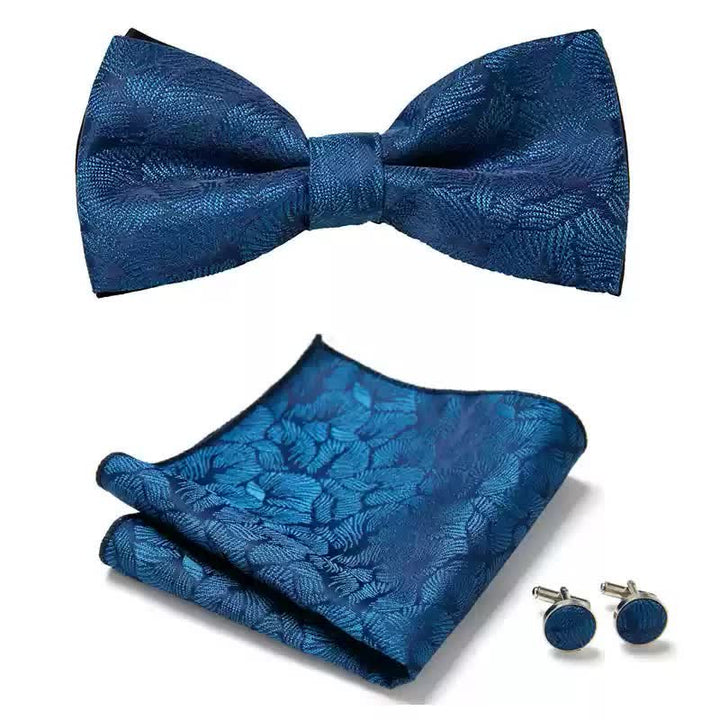 Juego de 3 gemelos y pajarita de bolsillo con diseño de hojas de palma azules para hombre