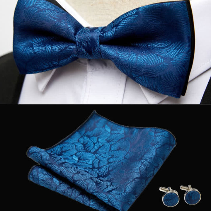 Juego de 3 gemelos y pajarita de bolsillo con diseño de hojas de palma azules para hombre