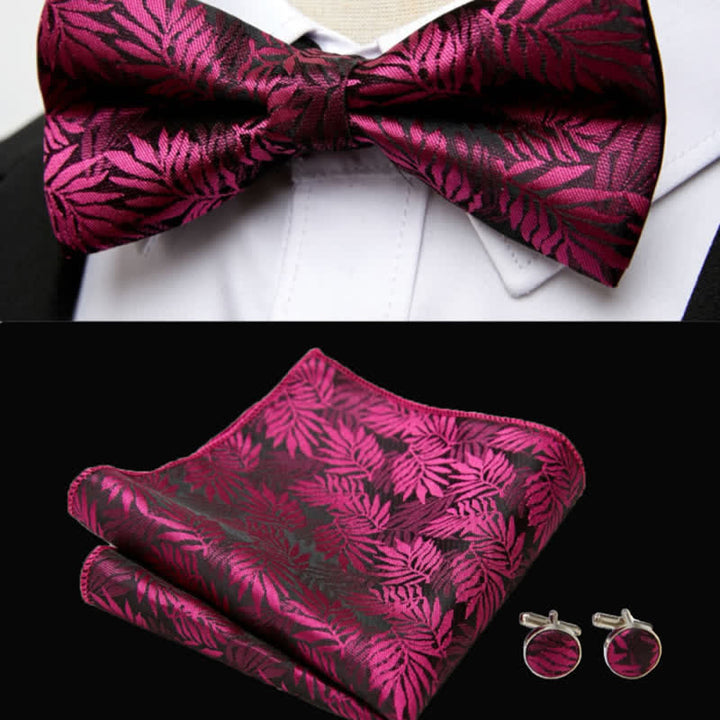 Juego de 3 gemelos y pajarita de bolsillo con hojas fucsias para hombre