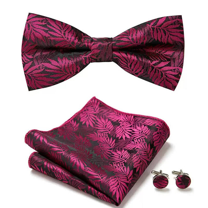 Juego de 3 gemelos y pajarita de bolsillo con hojas fucsias para hombre