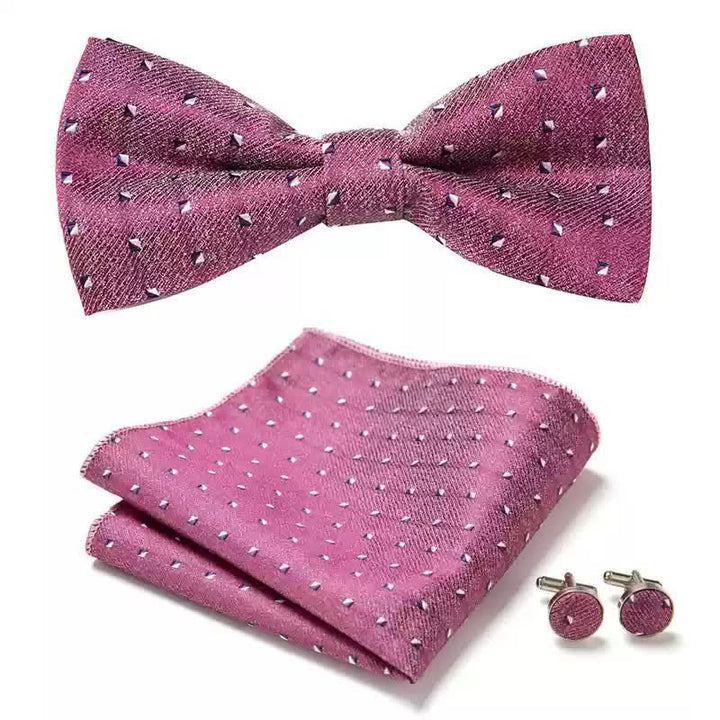 Juego de 3 gemelos y pajarita de bolsillo con diseño geométrico rosa para hombre