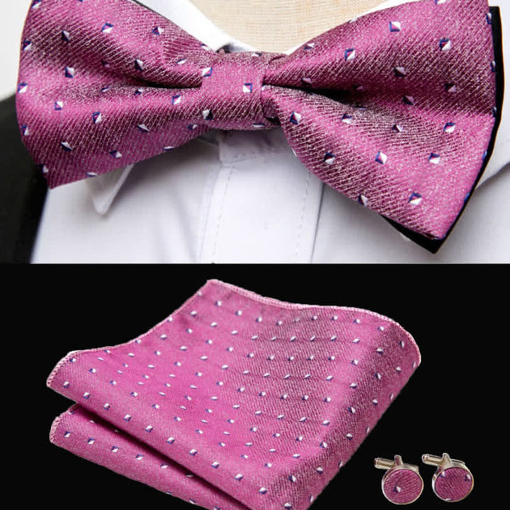 Juego de 3 gemelos y pajarita de bolsillo con diseño geométrico rosa para hombre