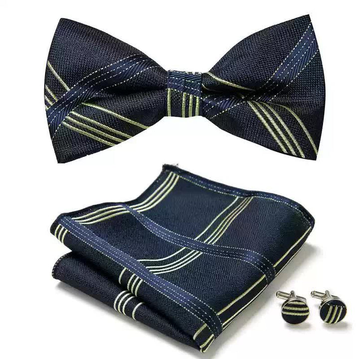 Juego de 3 gemelos y pajarita de bolsillo a cuadros azul medianoche para hombre