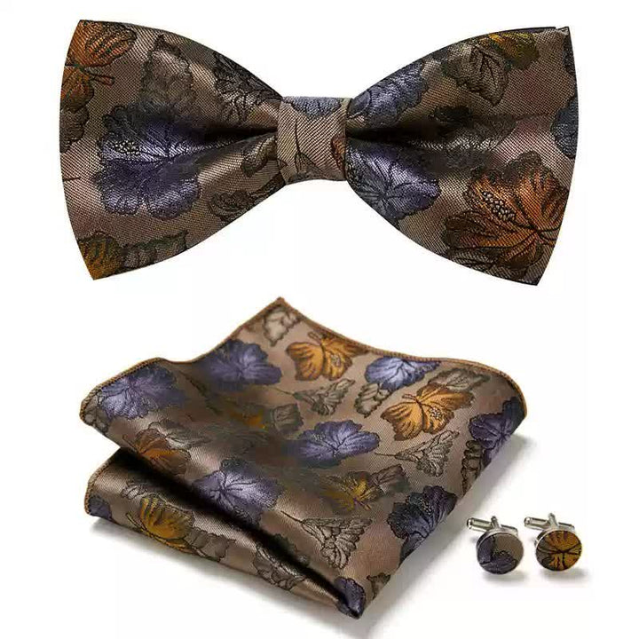 Juego de 3 gemelos y pajarita de bolsillo con diseño de hojas de arce caídas para hombre