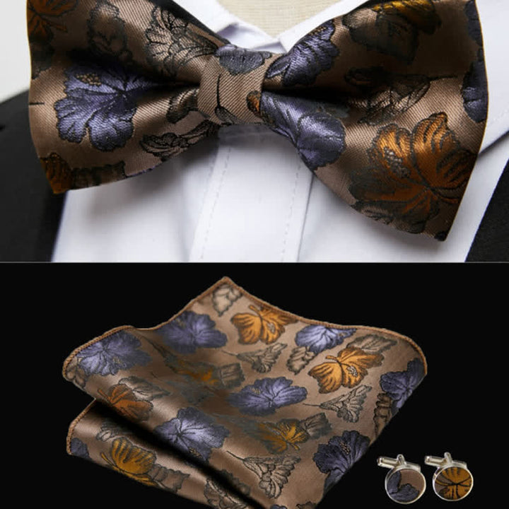 Juego de 3 gemelos y pajarita de bolsillo con diseño de hojas de arce caídas para hombre