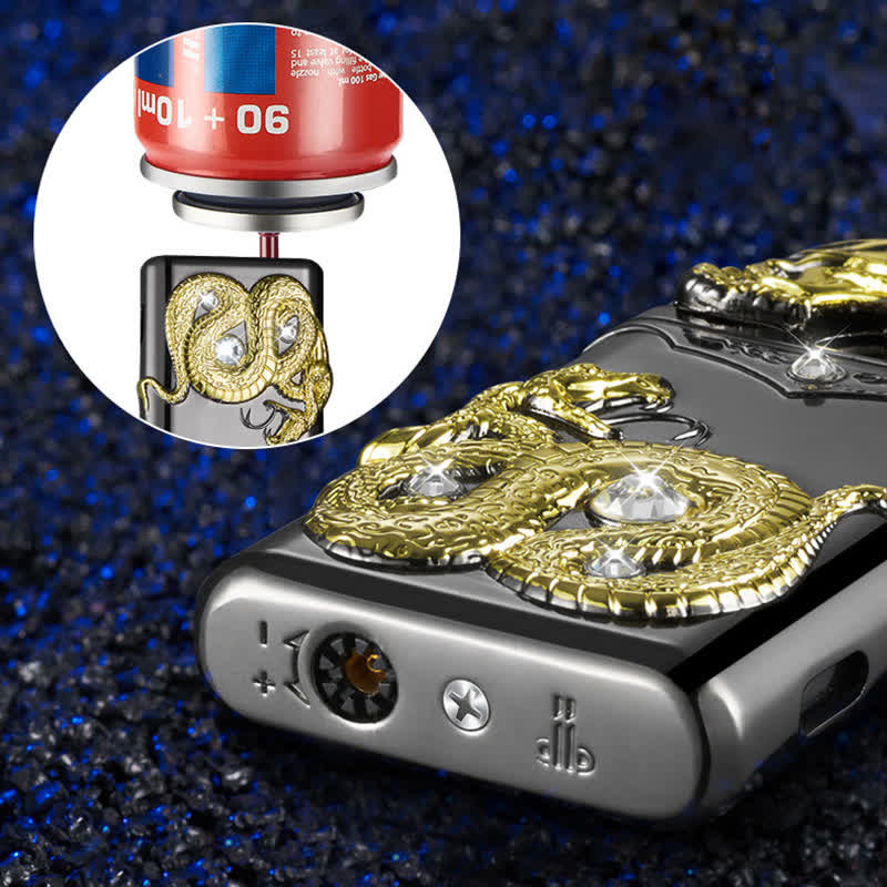 Encendedor de butano recargable con incrustaciones de diamantes de imitación y forma de serpiente