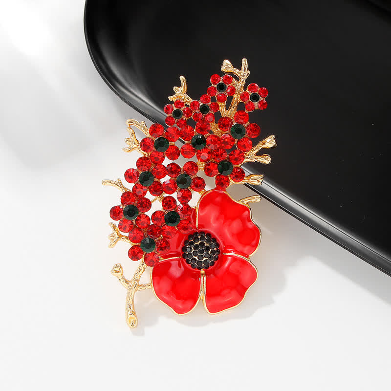 Broche de flor de cristal brillante con amapola roja para mujer