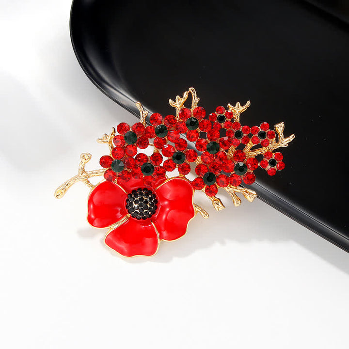 Broche de flor de cristal brillante con amapola roja para mujer