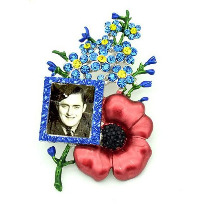 Broche de flor de amapola con diamantes de imitación y marco para fotos